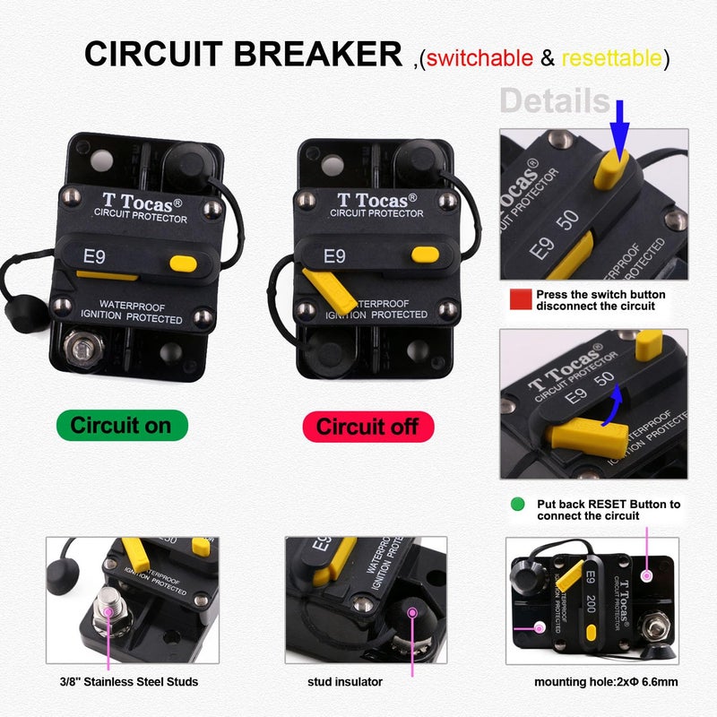 T Tocas Hi-Amp E9 T3 250A 3/8" Studs Circuit Breaker with Manual Reset 12V - 48V DC | Waterproof IP67,Surface Mount, 250 Amp Switchable - Image 2